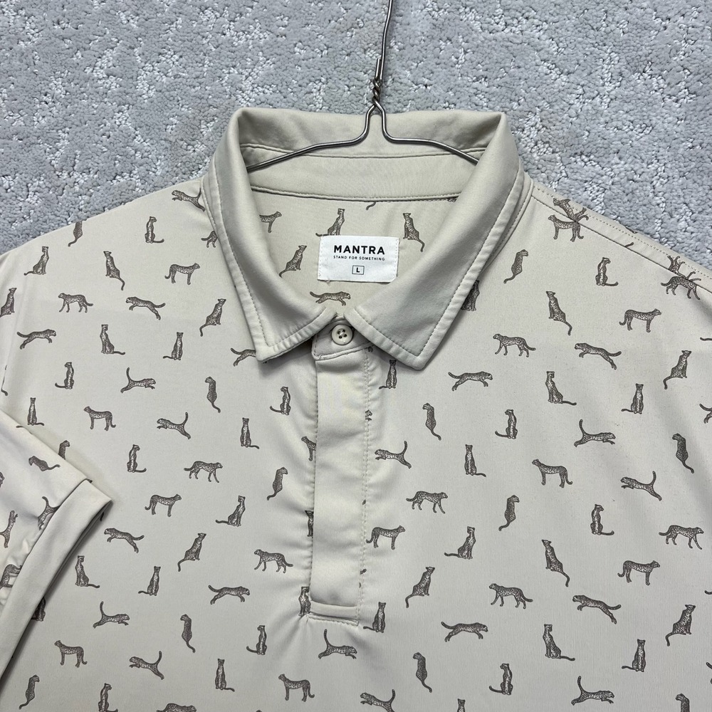 Mantra Polo Shirt Mens‎ L Beige Catalyst Point Collar Cheetah Print Performance